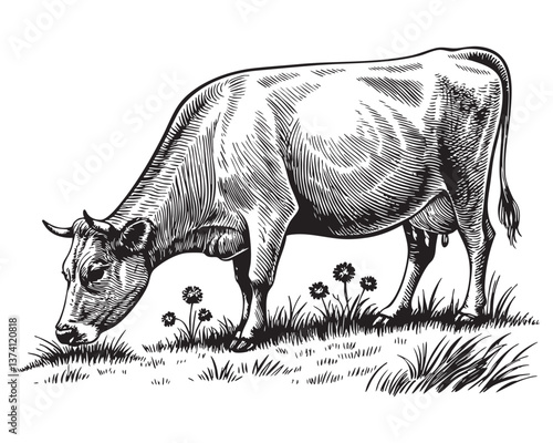 cow grazzing woodcut engraving vector illustration