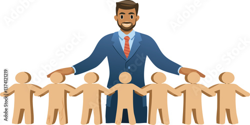 Businessman covering wooden figures of people. Employer commitment to protecting the human rights, labor rights, and providing support and insurance to employees within the community. 