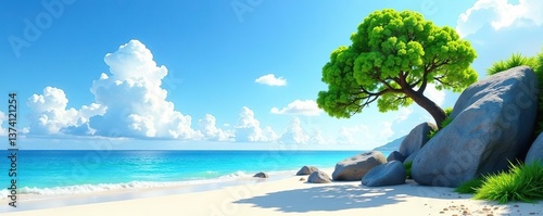 Serene beach scene with green tree, blue sky, white clouds, large gray rock,  white clouds,  nature