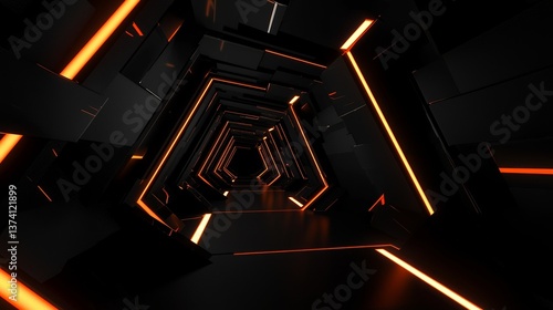 A 3d rendering image depicts a dark tunnel with abstract glowing lines, reflections on the floor and ceiling, and a futuristic techology background, all illuminated by Sci Fy neon lines