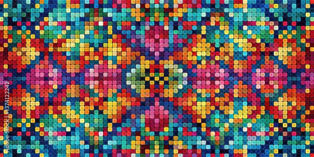 Vibrant Colorful Mosaic Pattern Featuring a Symmetrical Array of Square Tiles in a Multitude of Hues and Shades Vibrant Colorful Mosaic Pattern Featuring a Symmetrical Array of Square Tiles in a Multitude of Hues and Shades