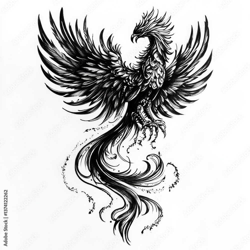 Obraz premium bird, phoenix, tattoo style, eagle, vector, tattoo, illustration, wings, wing, animal, feather, angel, design, silhouette, art, black, flying, symbol, drawing, nature, head, wild, fly, wildlife, triba