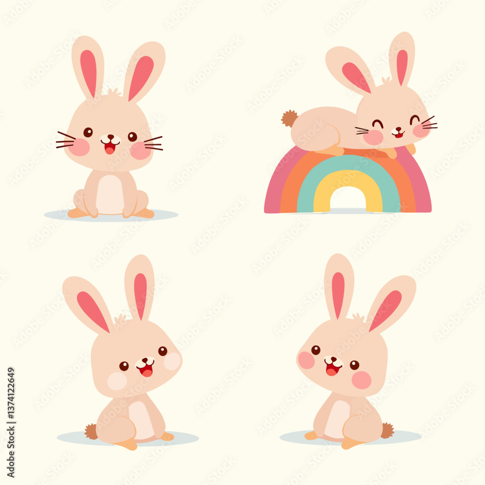 Set of bunny rabbit cartoons and foot prints icon set on pink background vector. Set of bunny rabbit cartoons and foot prints icon set on pink background vector.