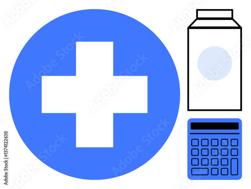 Blue cross health symbol, milk carton, and calculator emphasizing healthcare, nutrition, wellness, expense tracking. Ideal for health planning, budgeting, food choices education dietary guidelines
