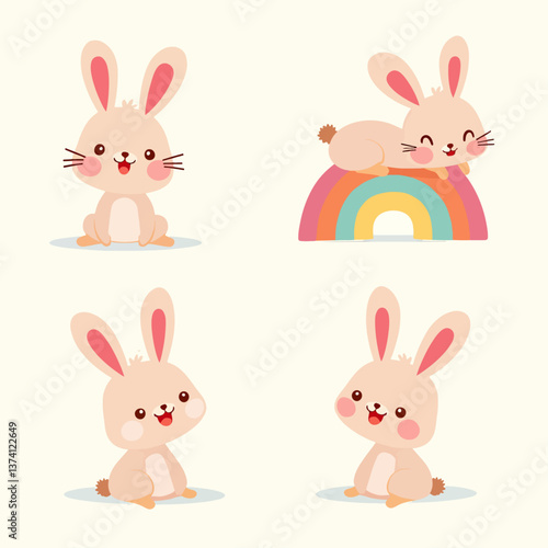 Set of bunny rabbit cartoons and foot prints icon set on pink background vector.	