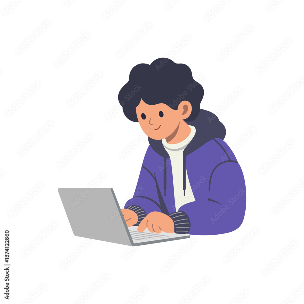 Young guy with a laptop. Distance learning. Freelancer. Vector image. Young guy with a laptop. Distance learning. Freelancer. Vector image.