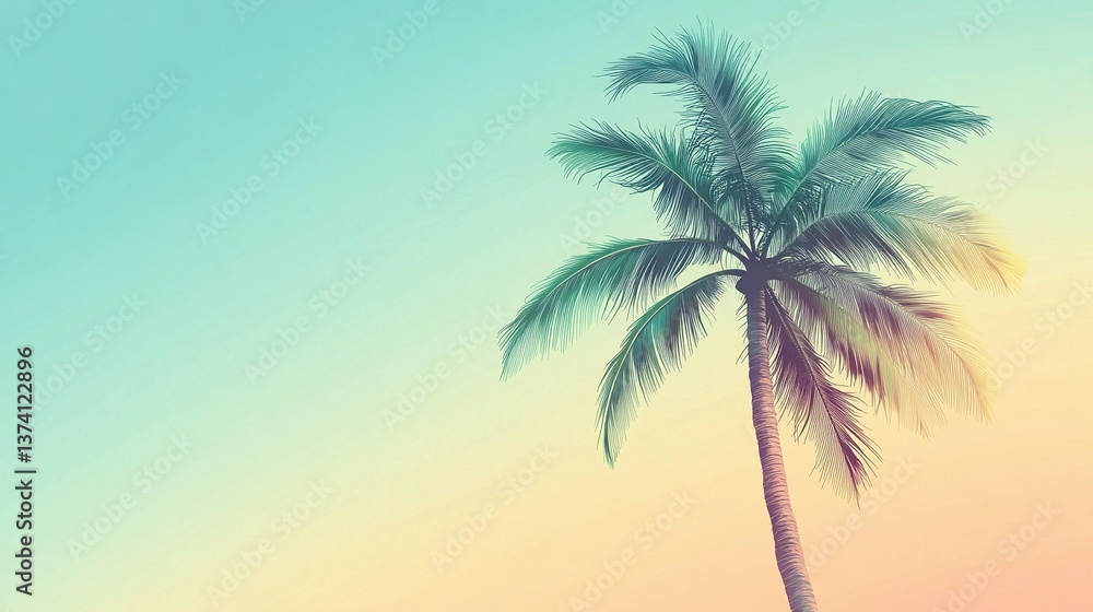 A vector-style palm tree with curved, textured leaves and a tall, slender trunk, set against a simple, gradient sky A vector-style palm tree with curved, textured leaves and a tall, slender trunk, set against a simple, gradient sky