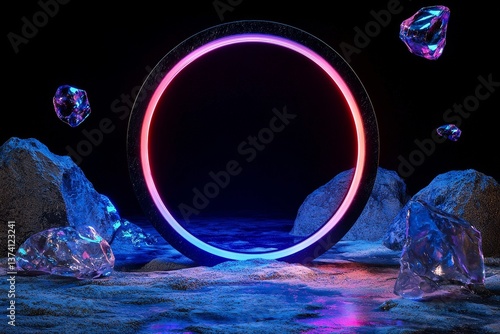 The scene features a background with abstract elements, including space and cosmic portals, illuminated by pink and blue neon lights, set within a virtual reality and fueled by an energy source, all