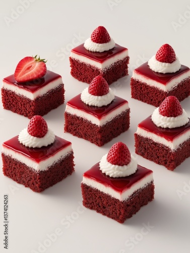 Red smooth strawberry cakes with whipped cream arranged in a grid on a matte white surface