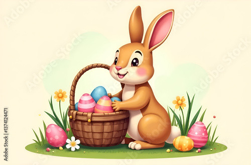 Easter holiday, hare with a basket of Easter eggs, Easter bunny and eggs. Illustration