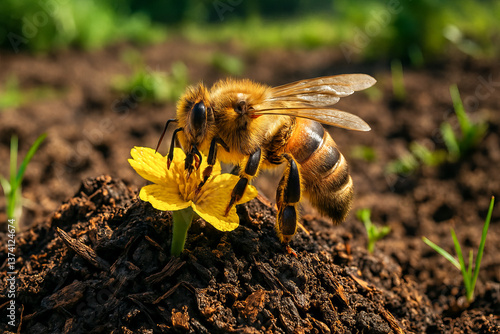 Macro shot of a bee on a yellow flower growing from a compost pile in a garden