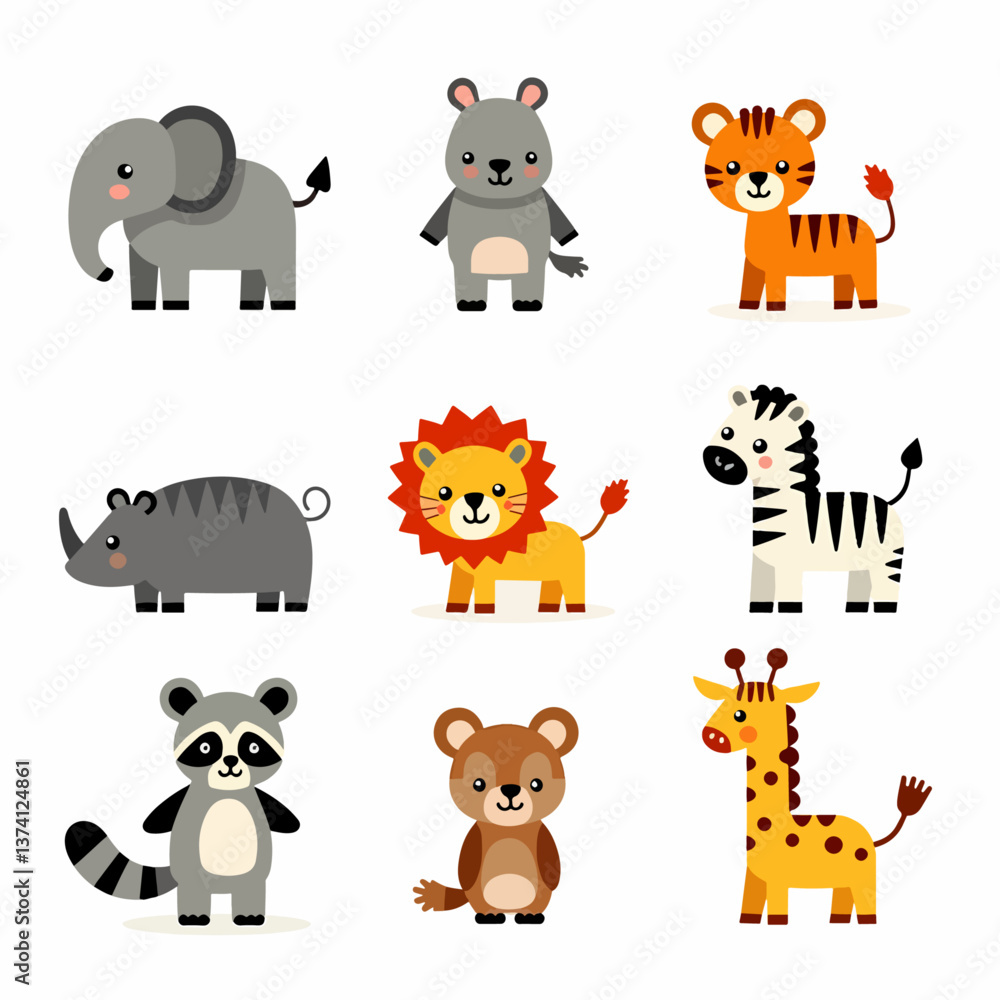 Fototapeta premium Cute baby safari animal faces vector illustration. The set includes, Baby Animal Faces Set 