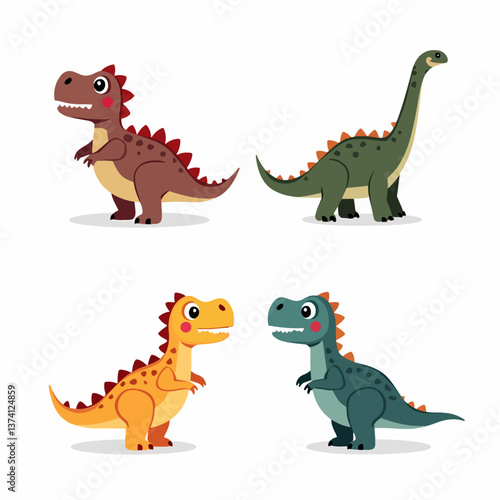 Set of vector illustrations in cartoon style. Super Cute dinosaurs on white background