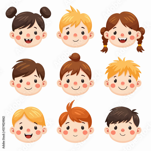 Collection of happy and cheerful children. Cute faces of different nationalities boys and girls. Vector illustration