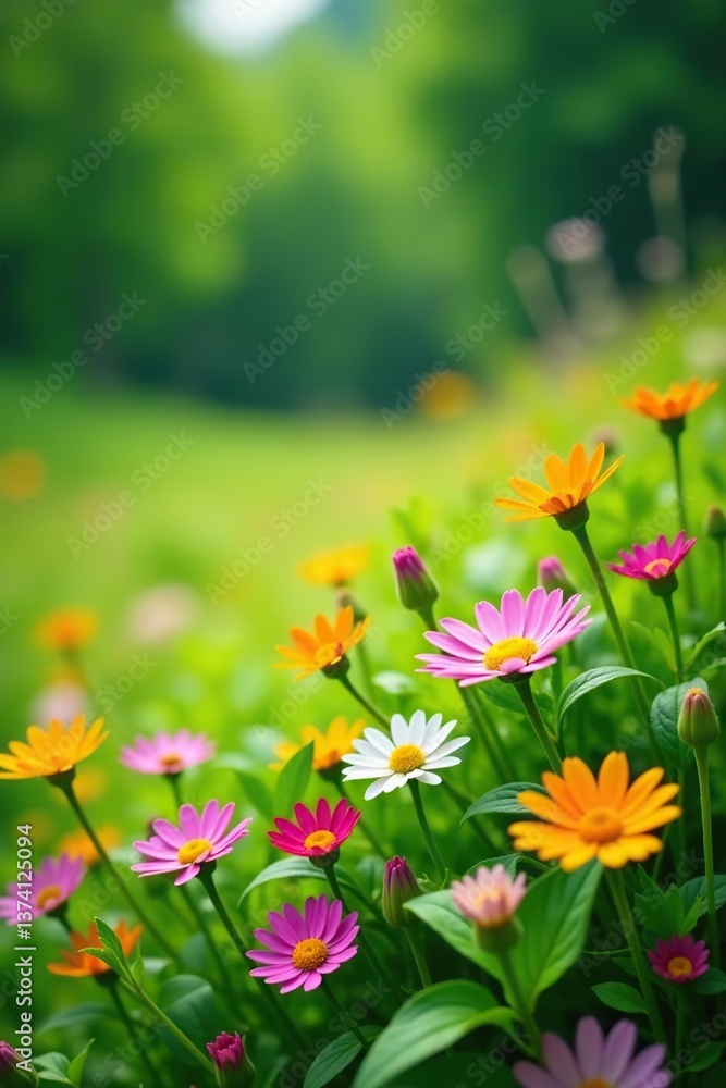 Obraz premium Vibrant array of wildflowers blooming on lush green meadow, spring, scenery