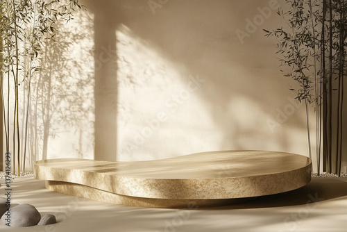 A floating grey podium with a gold lining, set against a flowing gold-accented curtain. The soft curves of the fabric contrast beautifully with the clean lines of the podium.