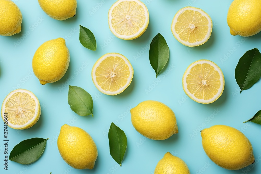 Fresh Lemons and Leaves on a Light Blue Background Fresh Lemons and Leaves on a Light Blue Background