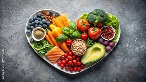 Flat lay of heart-healthy foods on a grey background, featuring a balanced plate of nutritious ingredients