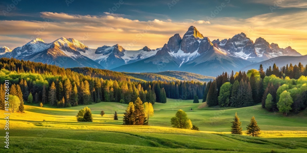 Obraz premium Serene Mountain Valley at Sunrise Lush Green Meadows, Coniferous Forest, and Majestic Snow-Capped Peaks