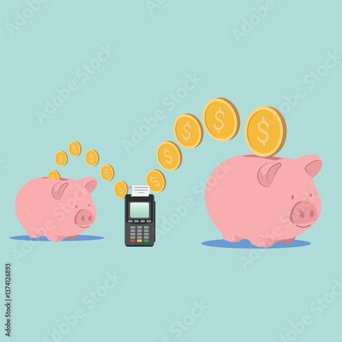 Vector illustration accumulation of money, payment terminal, payment. Piggy bank, cash gold dollars