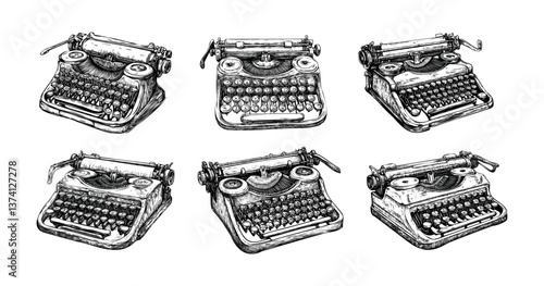 Mechanical typewriter engraving vector set. Typer printing text machine writing retro secretary poets journalists device script literature, hand drawn vintage isolated vectors