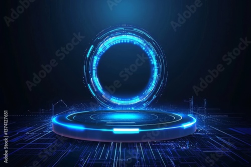 A futuristic hologram and laser lines complement an abstract fantasy portal aglow with neon light, situated in a futuristic sci-fi background with a space universe spectrum light effect