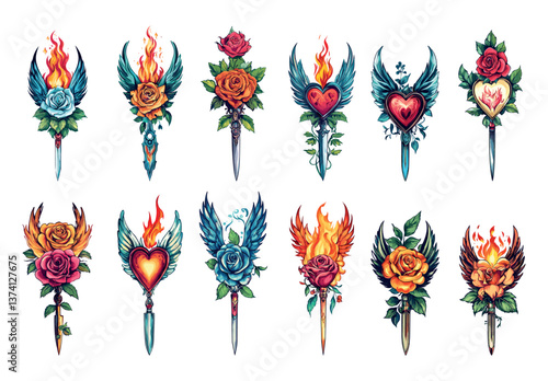 Old school flash tattoo cartoon concepts. Winged heart sharp blade blossom rose flower leafs knife straight razors fire flame, classical vintage retro style designs isolated illustration on white