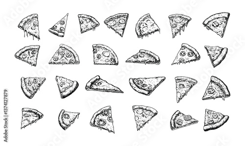 Pizza italian pieces engraving vector set. Vegetable melted cheese olive sausages pepperoni meat traditional fast food baking flatbread pie restaurant street meal, hand drawn isolated on white