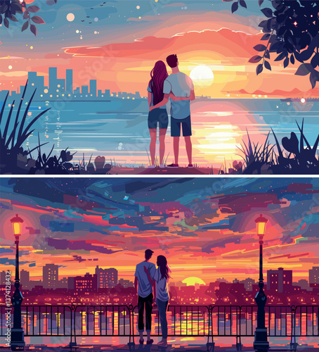 Romantic in love couple cartoon vector concepts. Man woman hugs together back rear view embankment having date lake water pond sunset cityscape characters, relationship scenes