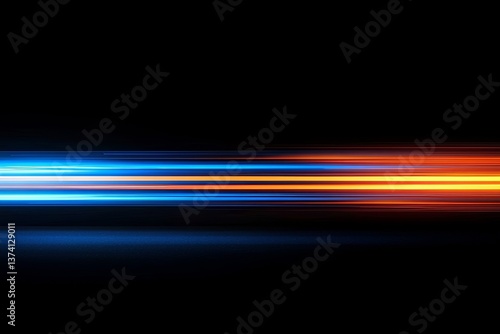 Fast moving neon lights create a futuristic technology background with abstract speed light trails and a curved path