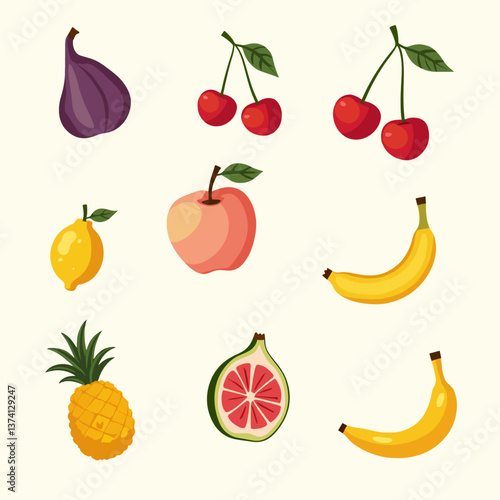 Fruit doodles. Natural fruits set. Pomegranate, lemon, peach, pineapple, pear, apple, banana, strawberry isolated background. Hand drawn, organic fruits. Modern colorful trendy vector illustration.