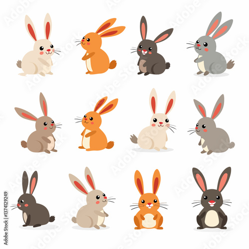Face set of a cute white rabbit. Kawaii bunny ear emoji, or bunny emoticon. symbol of a rabbit. Expression of a funny animal cartoon figure. outline in a vector illustration