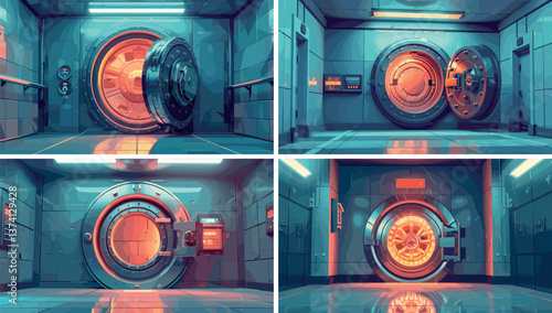 Vault cartoon vector scenes. Round metal unlocked bank safe digital door lock top automated high security valuables storage instance money coins ingots cash protection illustrations