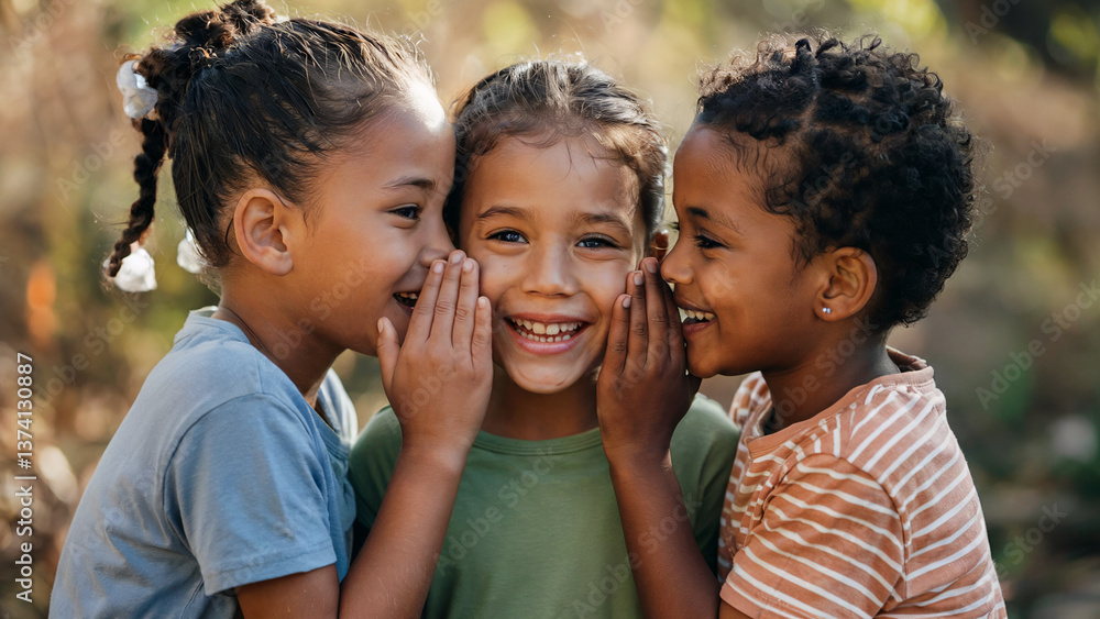 Diverse kids share secrets with giggles, their faces close in a tender, sunlit outdoor scene. Diverse kids share secrets with giggles, their faces close in a tender, sunlit outdoor scene.