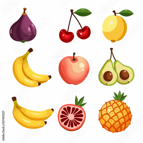 Fruit doodles. Natural fruits set. Pomegranate, lemon, peach, pineapple, pear, apple, banana, strawberry isolated background. Hand drawn, organic fruits. Modern colorful trendy vector illustration.