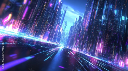 A futuristic cityscape incorporating space and neon lighting, symbolizing modern hi-tech and scientific advancements with a focus on cutting-edge technology