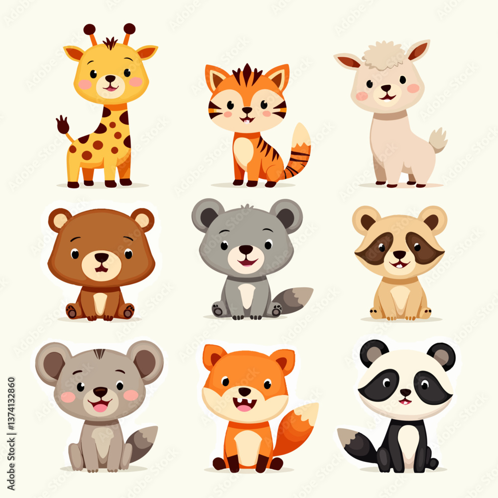 Cute baby safari animal faces vector illustration. The set includes, Baby Animal Faces Set Cute baby safari animal faces vector illustration. The set includes, Baby Animal Faces Set