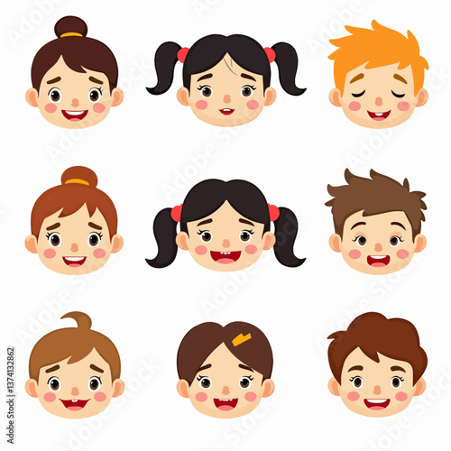 Collection avatars of children. Cute faces of different nationalities boys and girls. Vector illustration