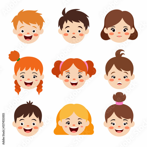 Collection avatars of children. Cute faces of different nationalities boys and girls. Vector illustration