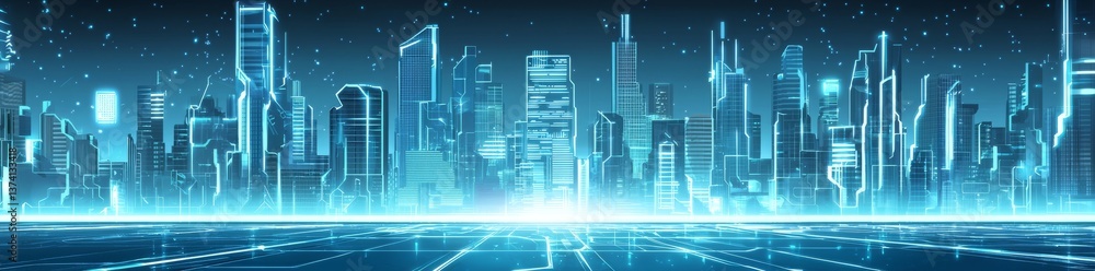 A rectangular blue neon banner set against a futuristic technological backdrop of a cityscape