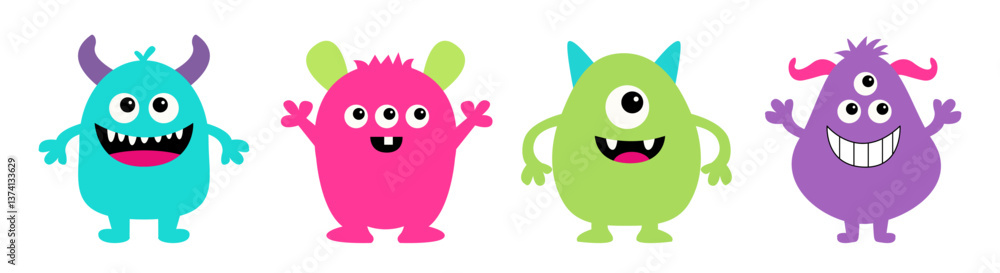 Happy Halloween. Monster set line. Cute cartoon funny character. Colorful silhouette monsters. Kawaii face with teeth horns eyes hands. Childish baby collection. Flat design. White background. Vector Happy Halloween. Monster set line. Cute cartoon funny character. Colorful silhouette monsters. Kawaii face with teeth horns eyes hands. Childish baby collection. Flat design. White background. Vector