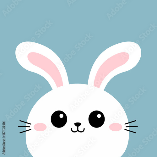 White rabbit bunny hare face head silhouette. Pink cheeks, ears. Kawaii cute cartoon funny baby character. Valentines Day. Happy Easter. Greeting card. Blue background. Flat design. Vector