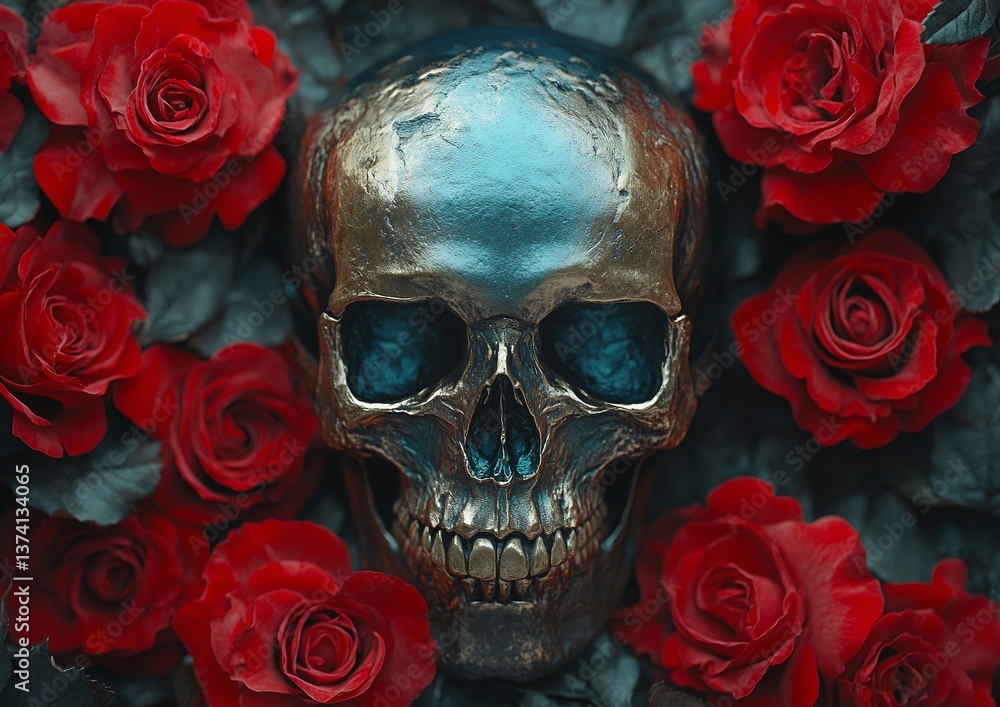 A metallic skull rests among a bed of deep red roses. The contrast of textures and colors creates a dramatic and evocative image. A metallic skull rests among a bed of deep red roses. The contrast of textures and colors creates a dramatic and evocative image.