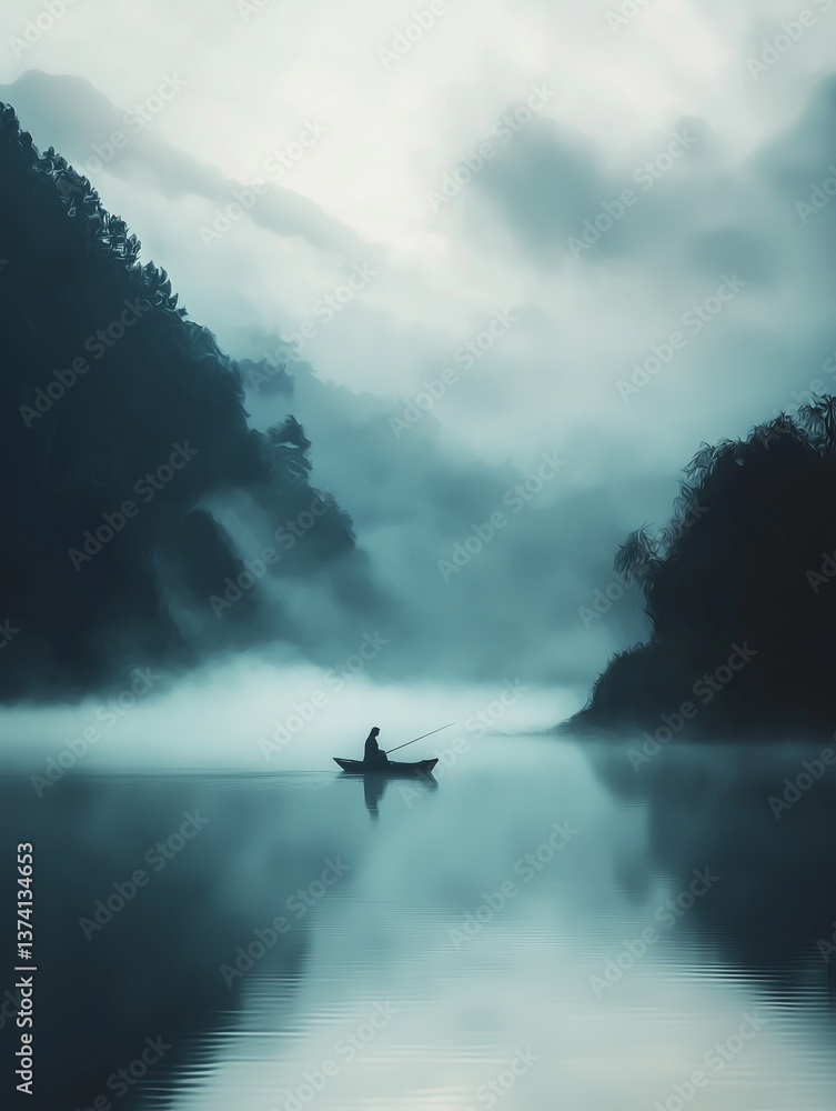 Fototapeta premium traditional ink painting of mountain and lake landscape