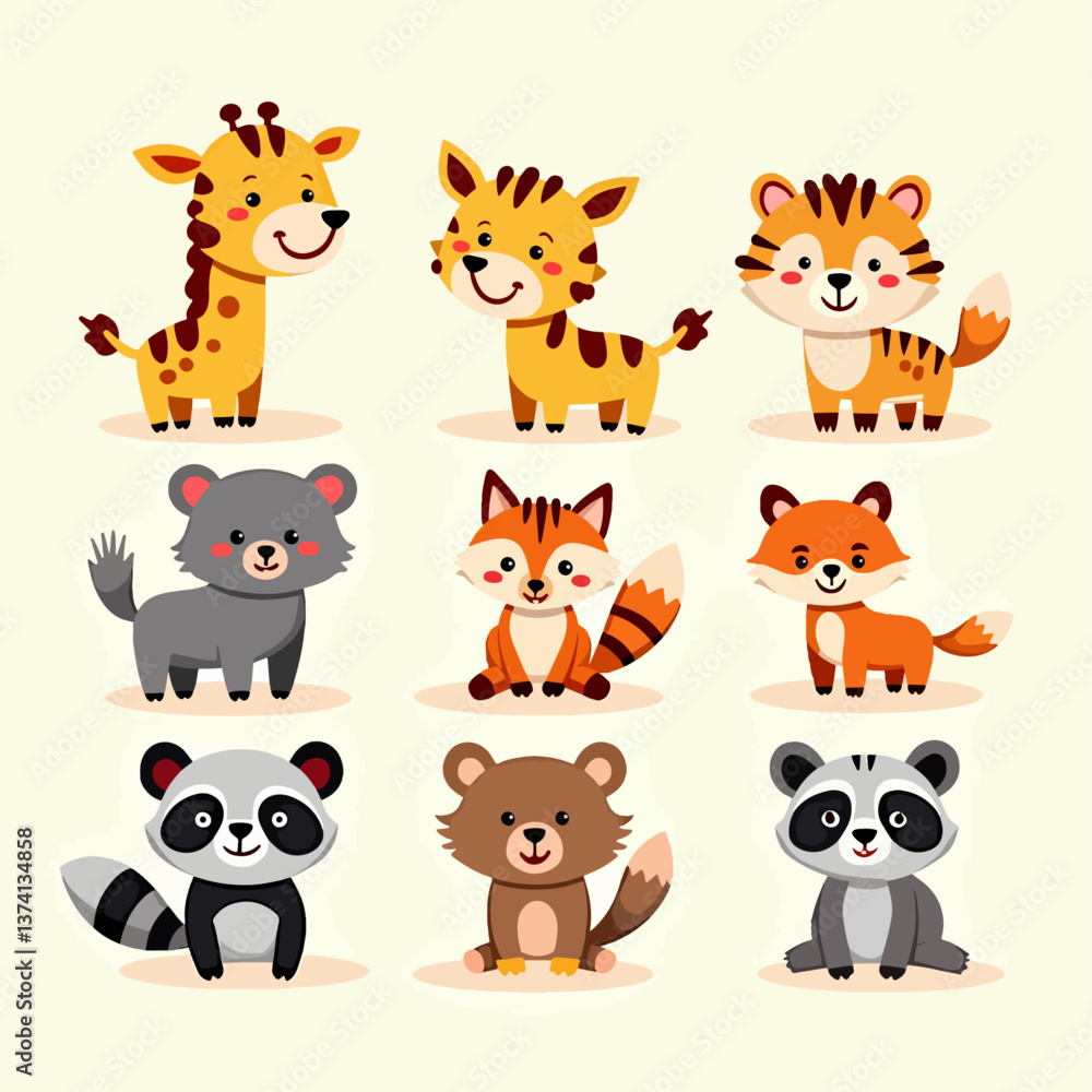 Obraz premium Cute wild animal faces set. Vector illustration of woodland and safari animal faces including a bear, tiger, lion, zebra, giraffe, fox, hippy, rhino, monkey, crocodile, elephant, and dear.