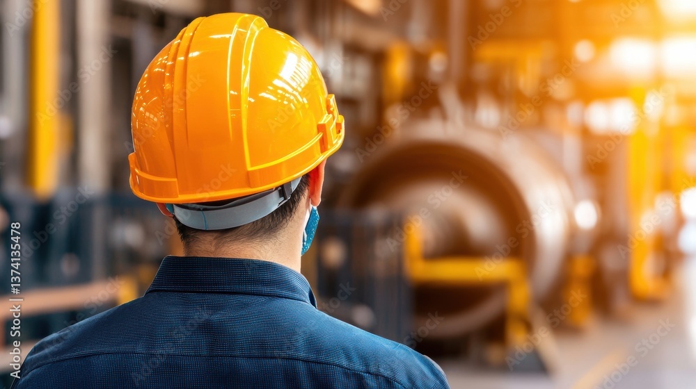 A worker in an orange safety helmet stands in a factory setting, observing machinery and equipment in a well-lit industrial environment. A worker in an orange safety helmet stands in a factory setting, observing machinery and equipment in a well-lit industrial environment.