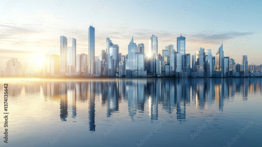 Skyscrapers with modern designs featuring reflective glass and a clear blue sky Skyscrapers with modern designs featuring reflective glass and a clear blue sky