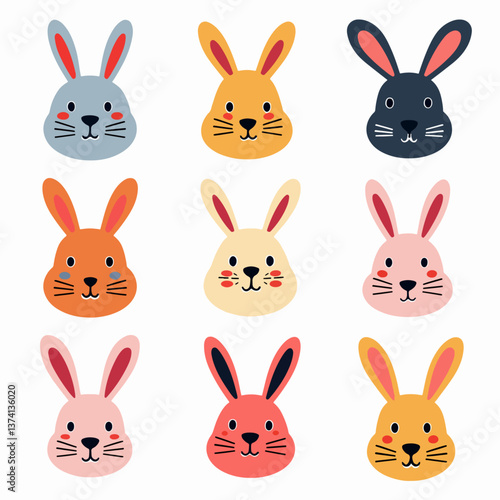 face set of a cute white rabbit. Kawaii bunny ear emoji, or bunny emoticon. symbol of a rabbit. Expression of a funny animal cartoon figure. outline in a vector illustration