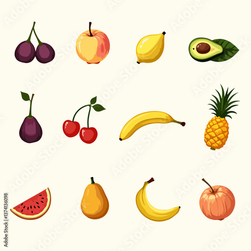 Fruit doodles. Natural fruits set. Pomegranate, lemon, peach, pineapple, pear, apple, banana, strawberry isolated background. Hand drawn, organic fruits. Modern colorful trendy vector illustration.
