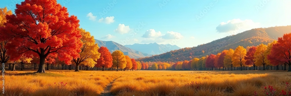 Vibrant autumn landscape with colorful trees against a clear blue sky, landscape, foliage Vibrant autumn landscape with colorful trees against a clear blue sky, landscape, foliage